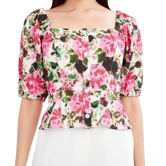 BCBGMaxAzria Colorful Bold Floral Puff Sleeve Button-Up Crop Top Coastal Beach - Picture 1 of 10